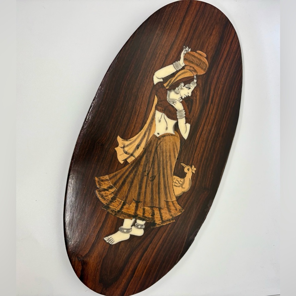 Indian Vintage Bone Inlay Wall Hanging Rosewood Oval